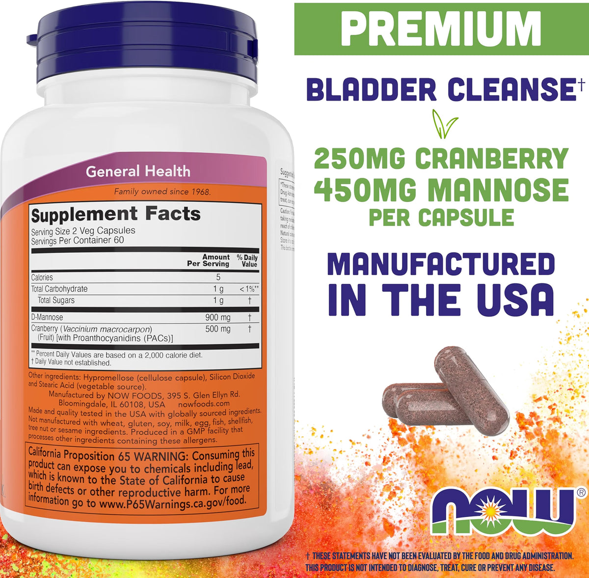 Vitamina Mannose 450mg -  Cranberry 250mg ,  120 capsulas - Now