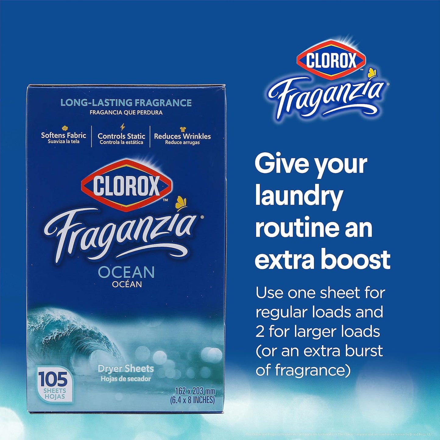 Clorox Fraganzia - Hojas de secadora suavizantes de tela, aroma fresco del océano, 105 unidades