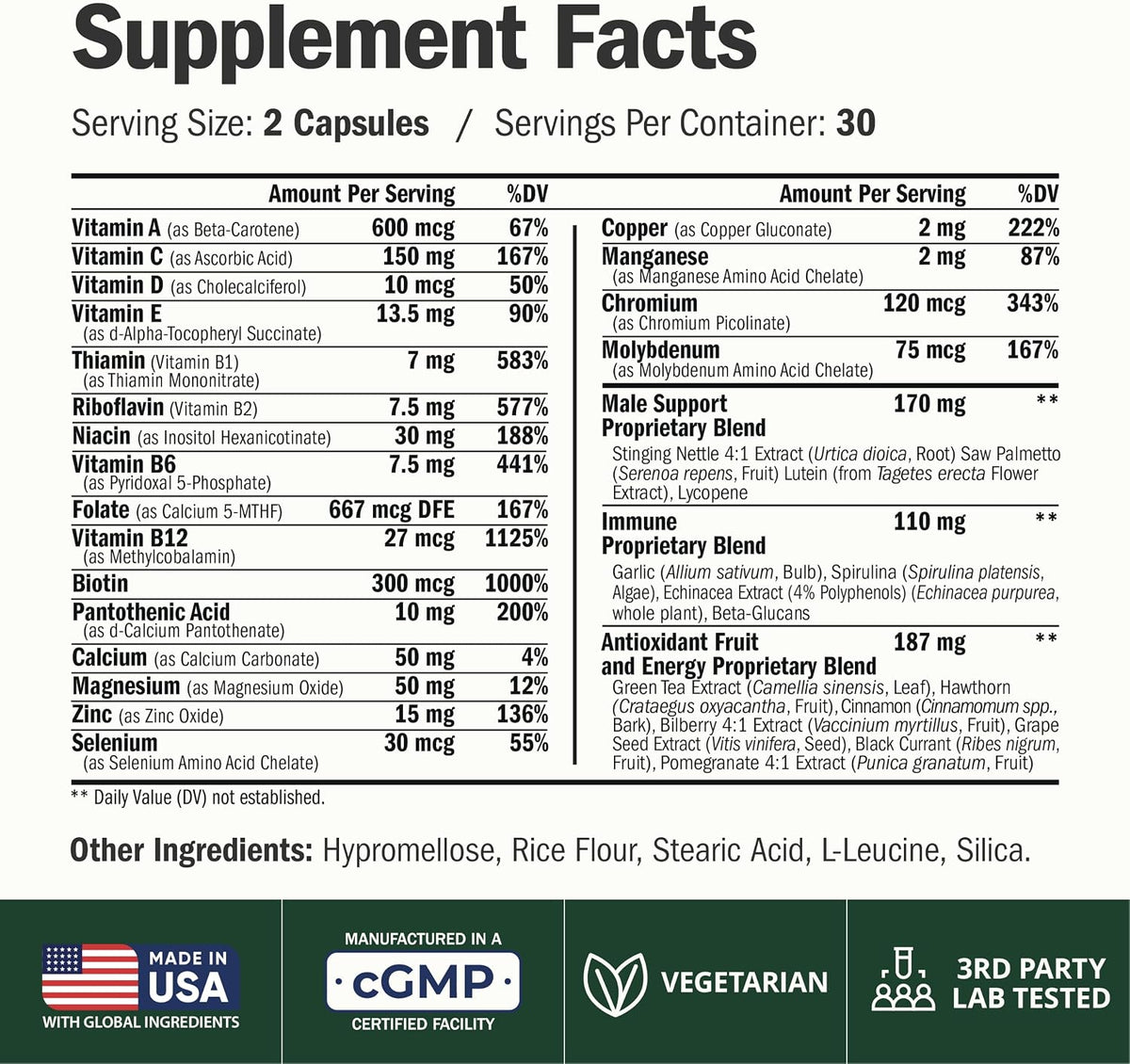 Vimerson Health Suplemento multivitamínico multimineral diario para hombres -60 cápsulas