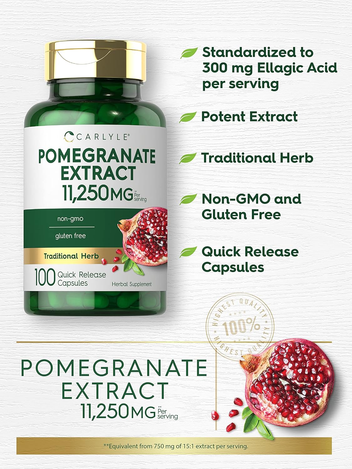 Carlyle - Pomegranate Extract 11,250mg - 100 cápsulas de liberación rápida