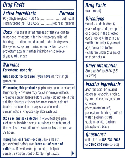 Visine Red Eye Hydrating Comfort Alivio del enrojecimiento y gotas lubricantes para ayudar a hidratar y aliviar los ojos rojos debido a irritaciones menores de los ojos Rápido, Tetrahidrozolina HCl, 0.5 fl. oz
