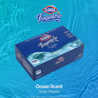 Clorox Fraganzia - Hojas de secadora suavizantes de tela, aroma fresco del océano, 105 unidades