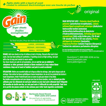 Toallitas para secadora Gain Plus Antiarrugas, Aroma Original, 120 unidades
