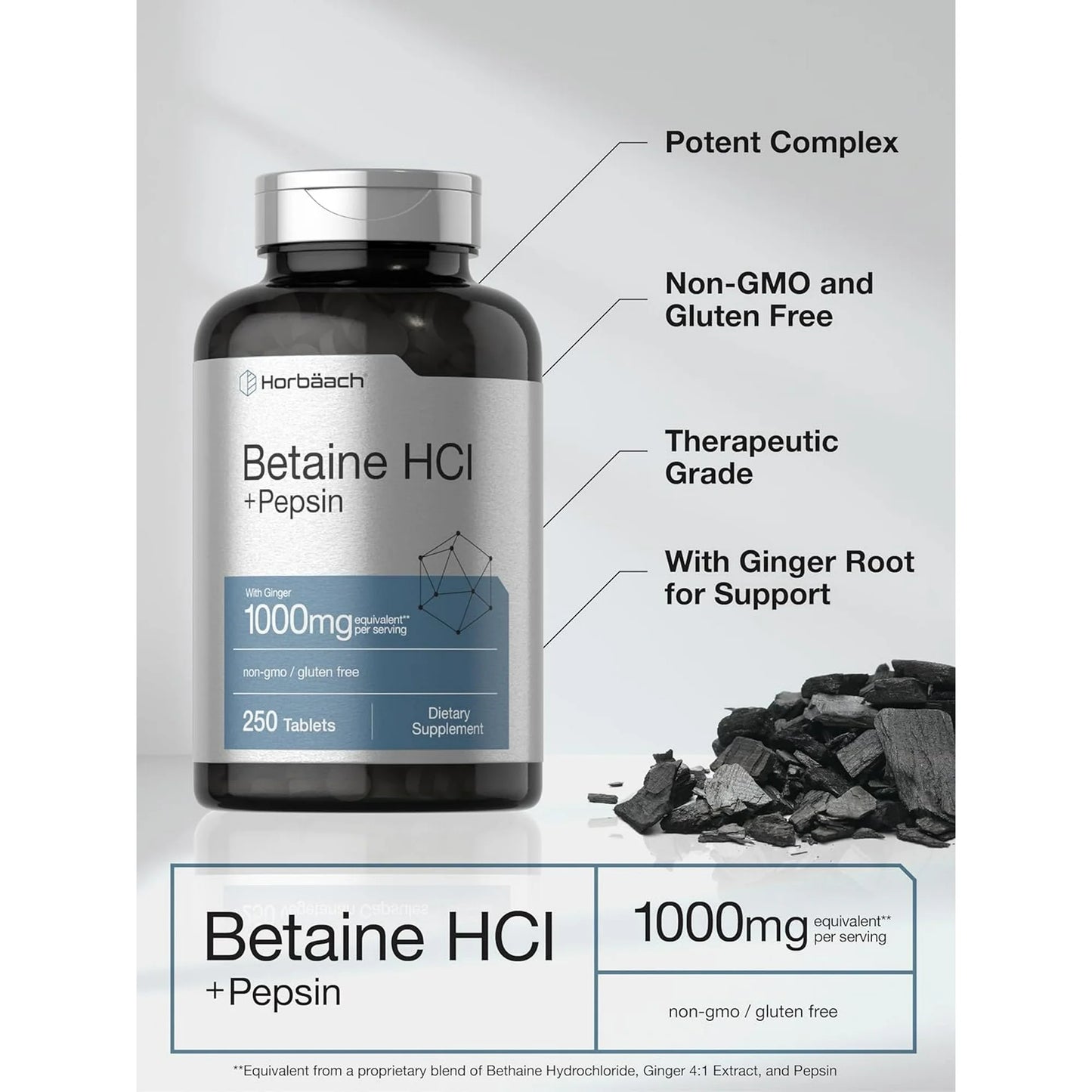 Horbäach Betaína HCl con pepsina | 1000 mg | 250 tabletas | Suplemento de clorhidrato | con raíz de jengibre | Sin OMG, sin gluten