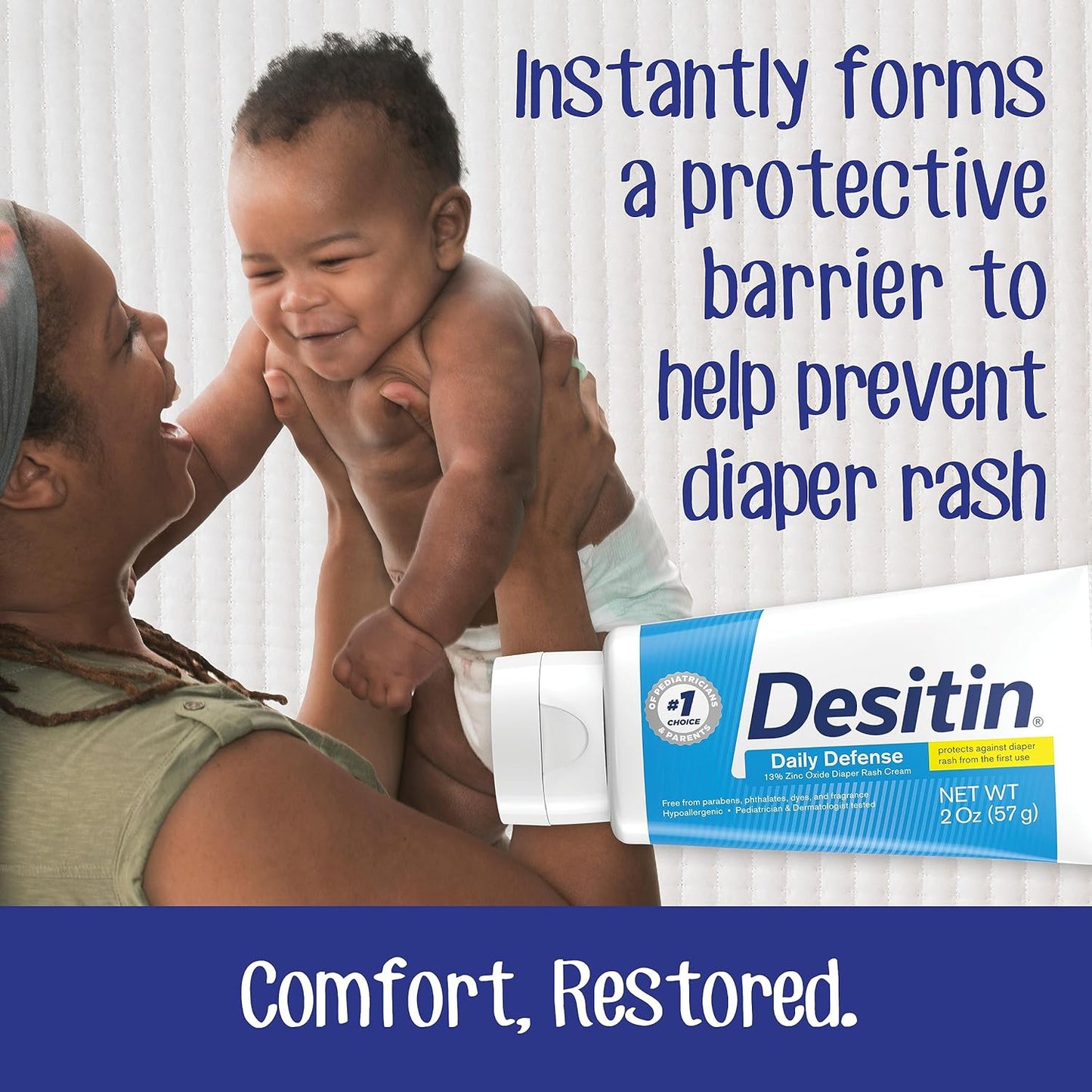 Desitin Daily Defense - Crema antidermatitis para pañales con óxido de zinc para tratar, aliviar y prevenir la dermatitis del pañal, hipoalergénica, sin colorantes, ftalatos ni parabenos, 4.8 onzas