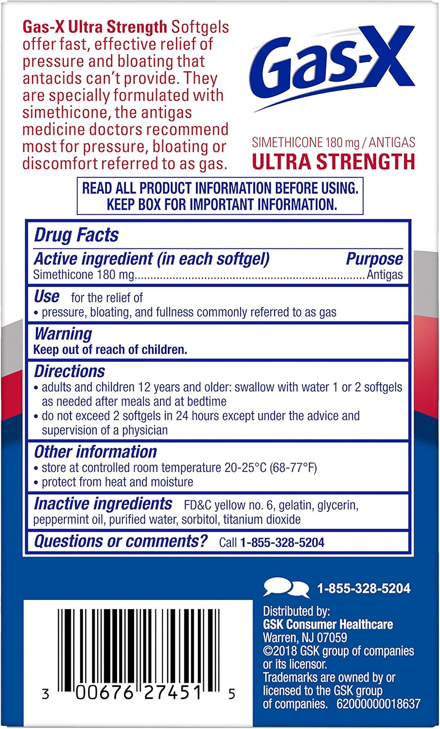 Gas-X Cápsulas blandas de alivio de gases ultra fuertes con simeticona, 180 mg para aliviar la hinchazón, 50 unidades