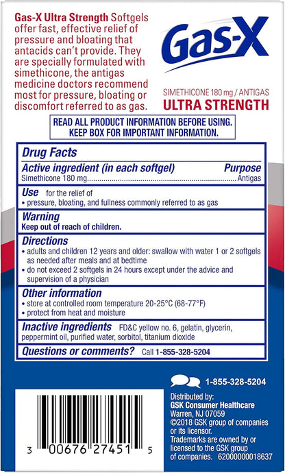 Gas-X Cápsulas blandas de alivio de gases ultra fuertes con simeticona, 180 mg para aliviar la hinchazón, 50 unidades