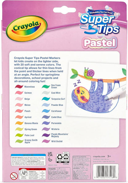 CRAYOLA Super Tips Pastel - Marcadores lavables de punta media, paquete de 20 unidades
