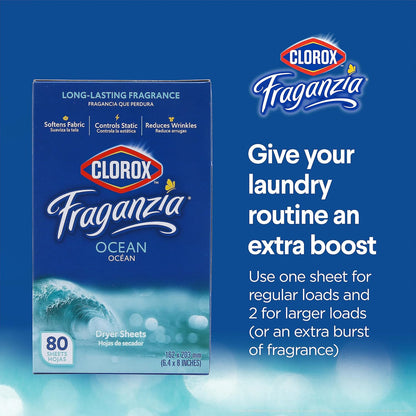 Clorox Fraganzia - Hojas de secadora suavizantes de tela, aroma fresco del océano, 80 unidades