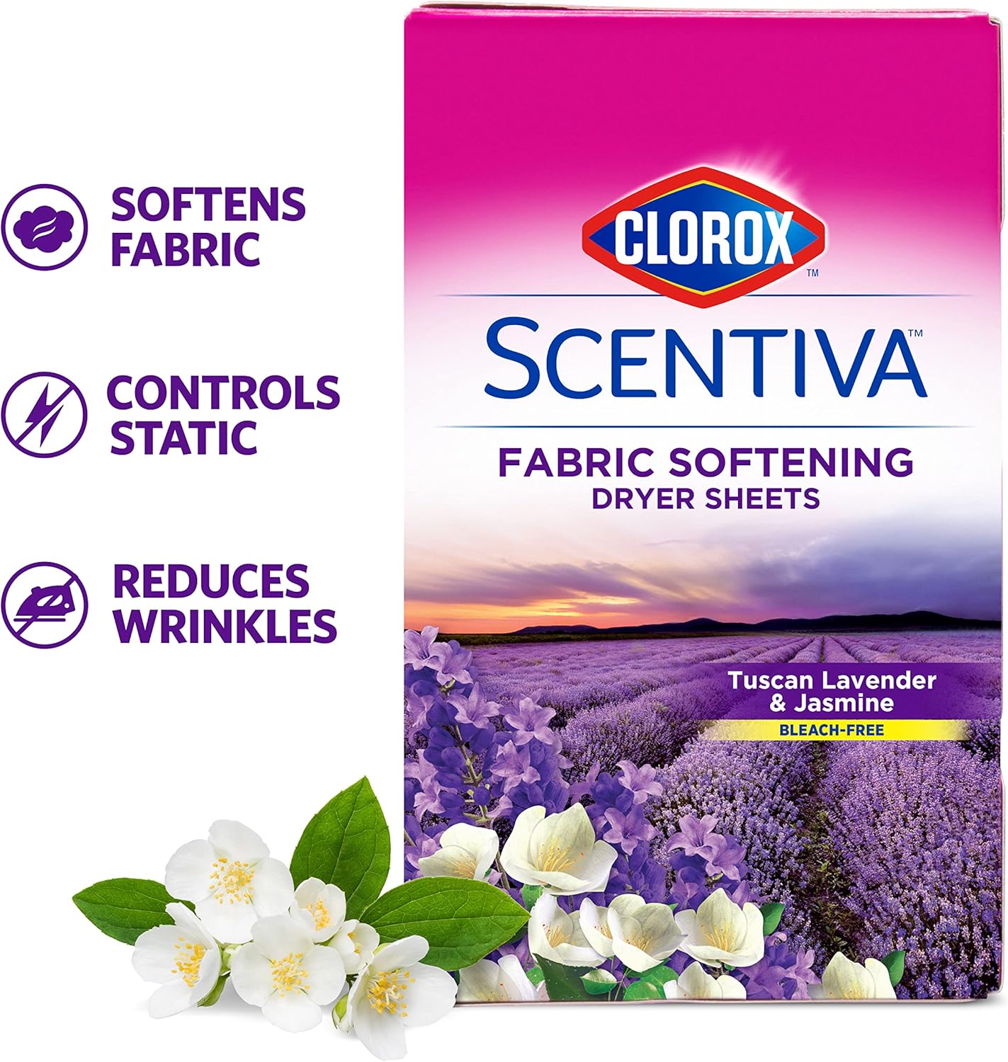 Clorox Scentiva - Hojas de secadora suavizantes de telas, aroma a lavanda toscana y jazmín, 40 Unidades