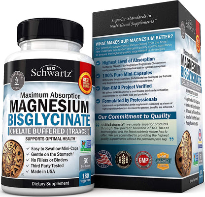 Bisglicinato de magnesio 100% efecto no laxante - Máxima absorción y totalmente reaccionado y tamponado - Energía saludable muscular y apoyo articular - sin OMG -180 mini capsulas