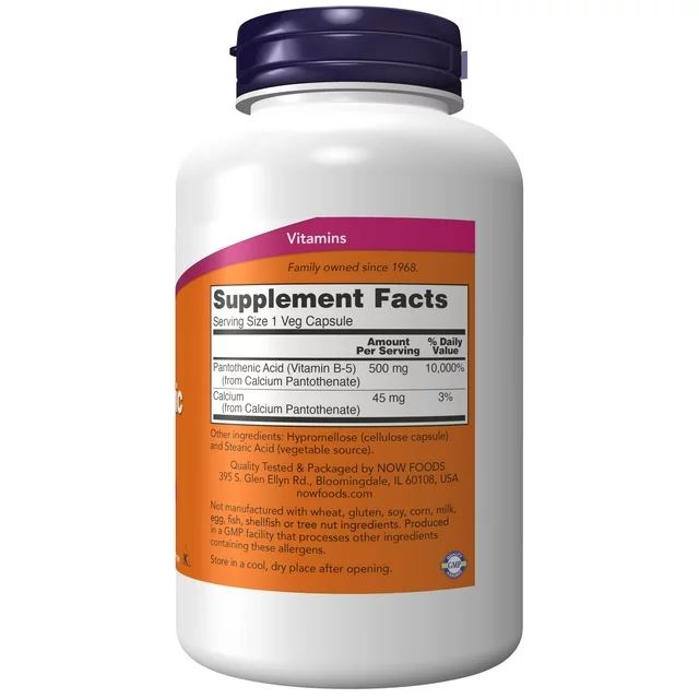 NOW - ácido pantoténico (vitamina B-5) 500 mg, 250 cápsulas