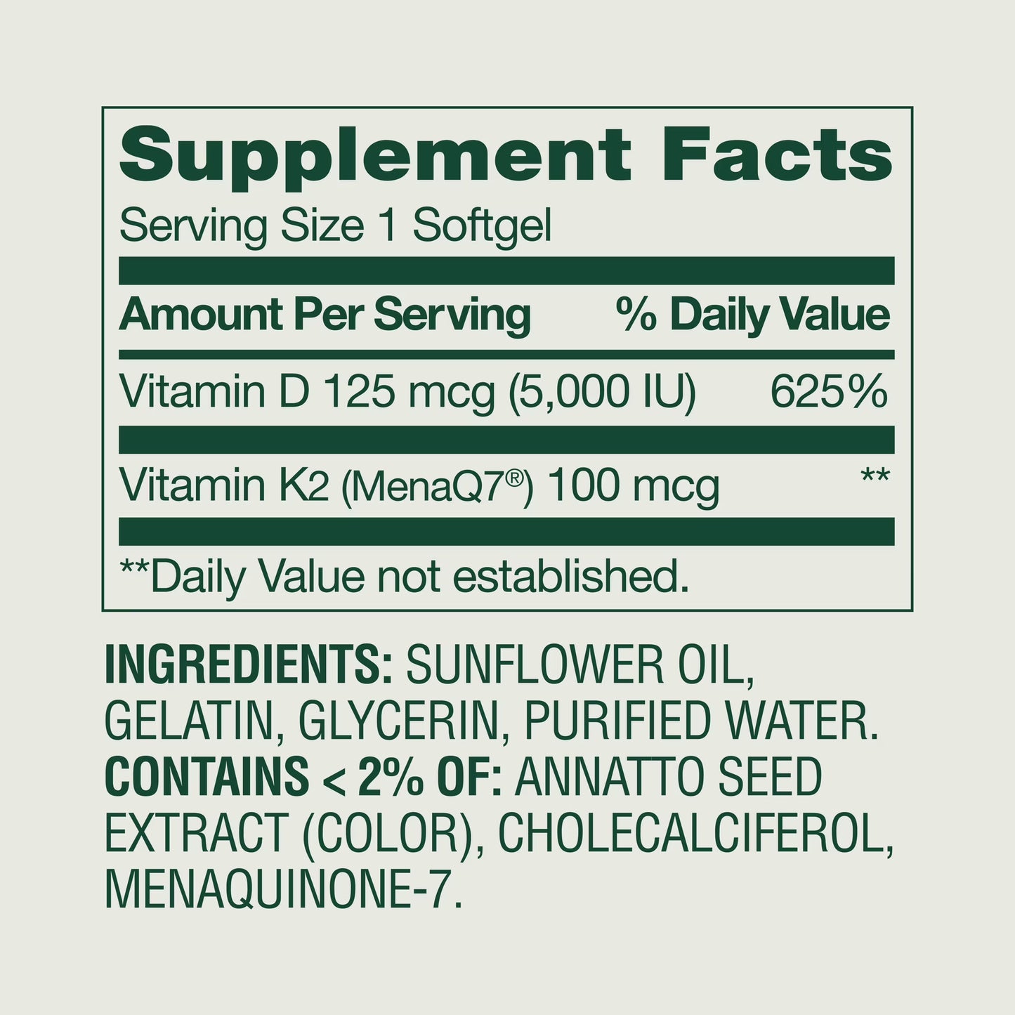 Spring Valley -  Vitamina D3(125mcg) + K2(100mcg), 120 capsulas