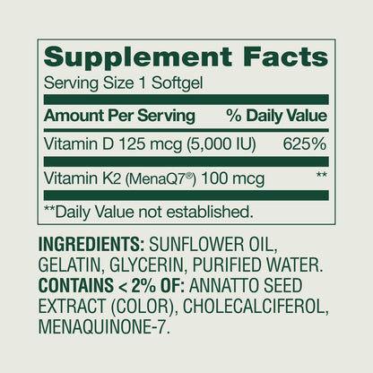 Spring Valley -  Vitamina D3(125mcg) + K2(100mcg), 120 capsulas
