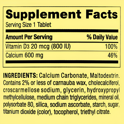CALCIO 600 mg. + D3 20 mcg. Spring Valley  250 tabletas