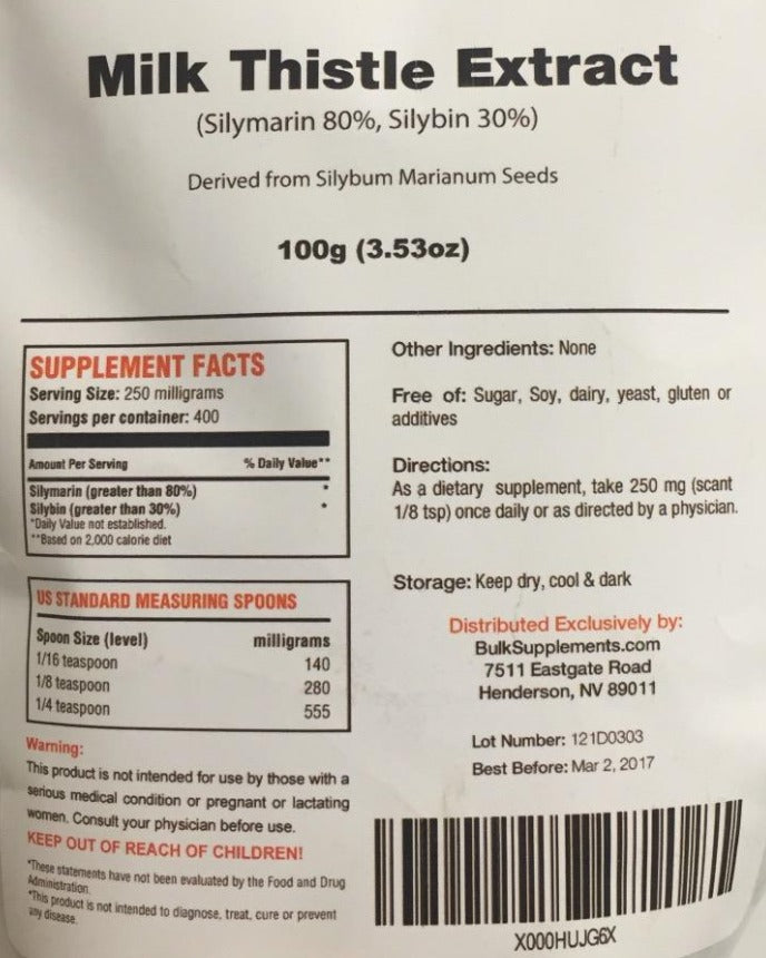 BulkSupplements.com  Milk Thistle Extract  en Polvo 250mg - 100 gramos.