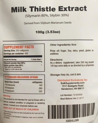 BulkSupplements.com  Milk Thistle Extract  en Polvo 250mg - 100 gramos.