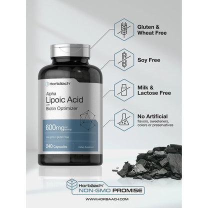 Horbäach Ácido alfa lipoico de 600 mg | 240 cápsulas | con optimizador de biotina | Suplemento sin OMG y sin gluten