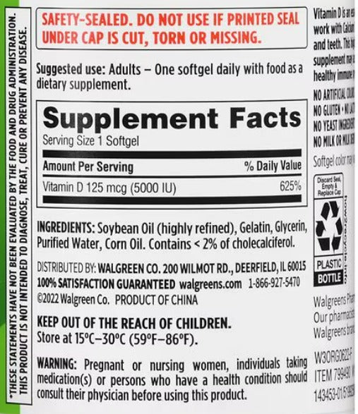 Walgreens Vitamin D3 125 mcg (5000 IU) , 300 Softgels