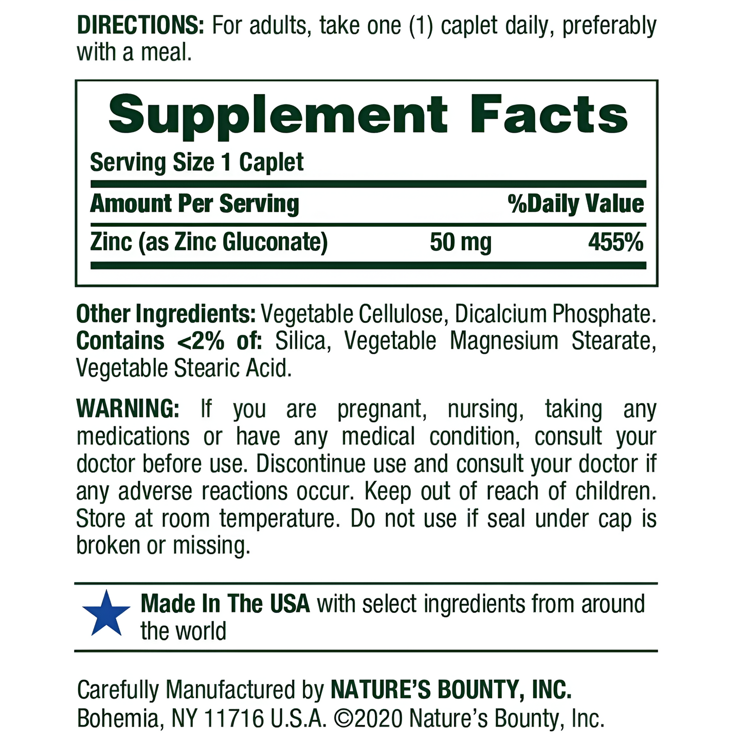 Nature's Bounty Zinc 50mg 400 tabletas