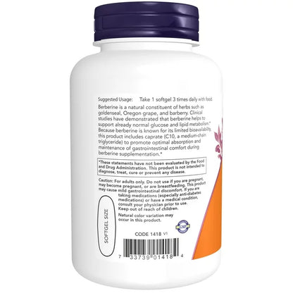NOW Supplements, Berberine Glucose Support, Combined with MCT Oil, 60 Softgels