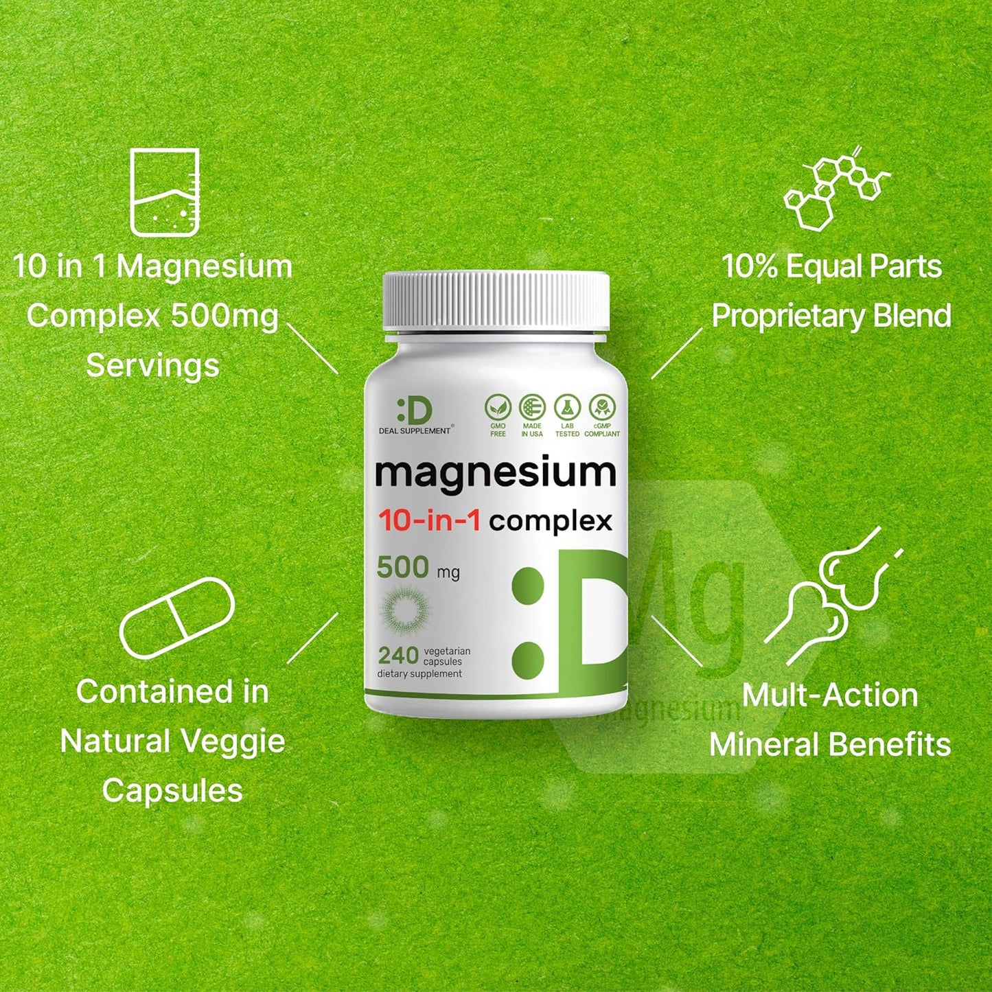 Deal Supplement - Magnesium 10 in 1 -  500 mg, 240 cápsulas vegetales