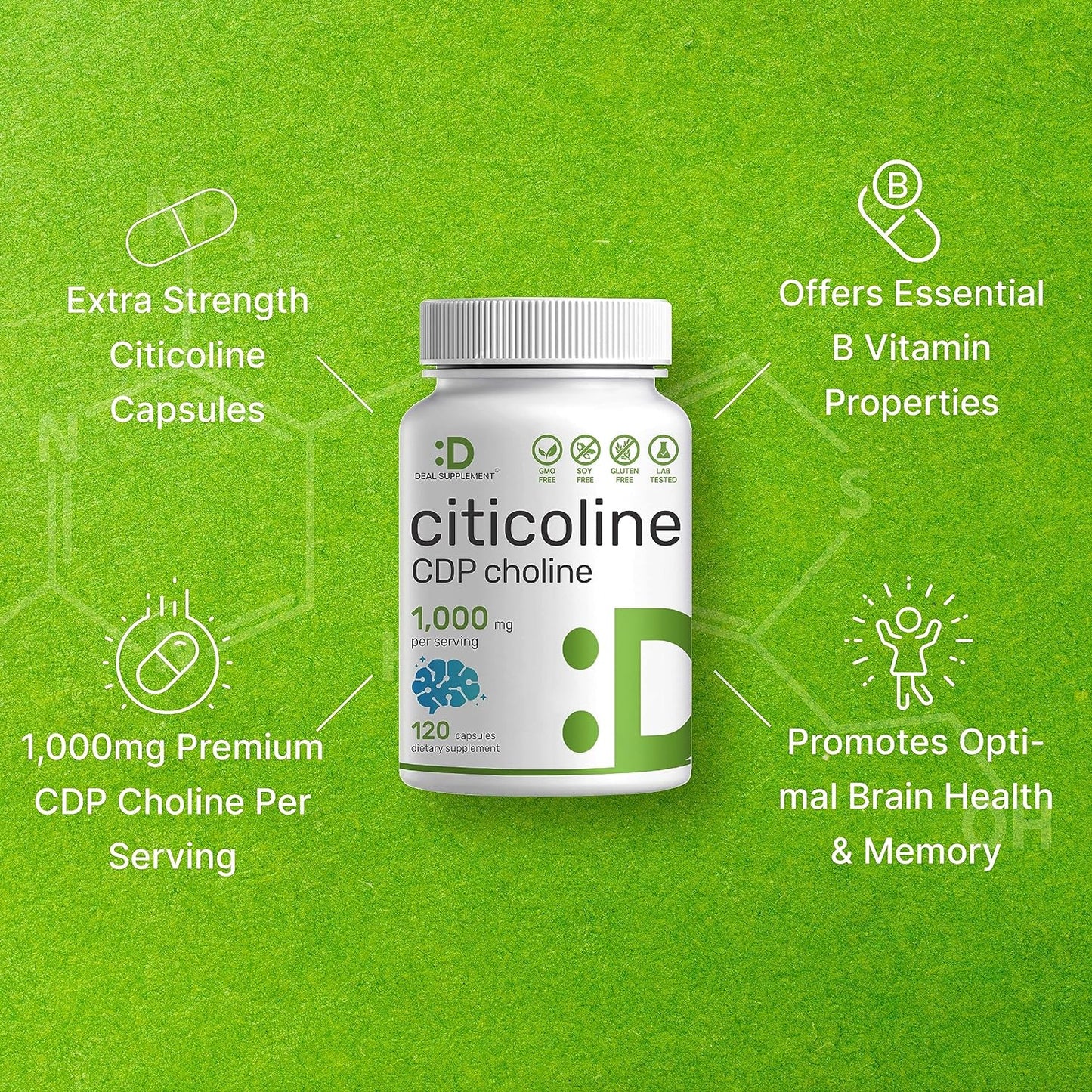 DEAL SUPPLEMENT Citicoline CDP Colina, 1,000 mg por porción, 120 cápsulas – Suplementos de colina extra fuerte – Propiedades de la vitamina B nootrópicas – Promueve la salud cerebral, la memoria y el enfoque – Sin OMG