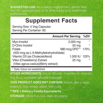 Suplemento de mio-inositol y D-Chiro inositol para mujeres (40:1) | 2,050 mg por porción | 240 cápsulas vegetales