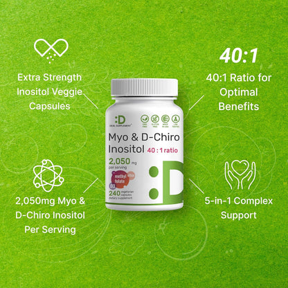 Suplemento de mio-inositol y D-Chiro inositol para mujeres (40:1) | 2,050 mg por porción | 240 cápsulas vegetales