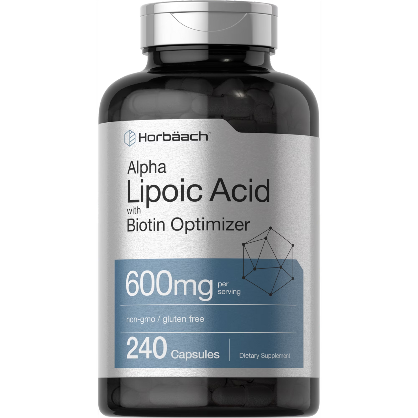 Horbäach Ácido alfa lipoico de 600 mg | 240 cápsulas | con optimizador de biotina | Suplemento sin OMG y sin gluten