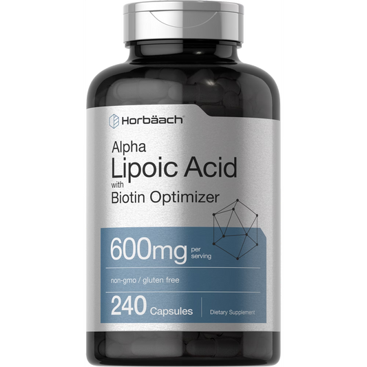 Horbäach Ácido alfa lipoico de 600 mg | 240 cápsulas | con optimizador de biotina | Suplemento sin OMG y sin gluten