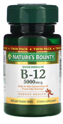 Nature's Bounty Vitamina B12 5000 mcg, 40 Tabletas de Disolucion rapida Sublinguales.