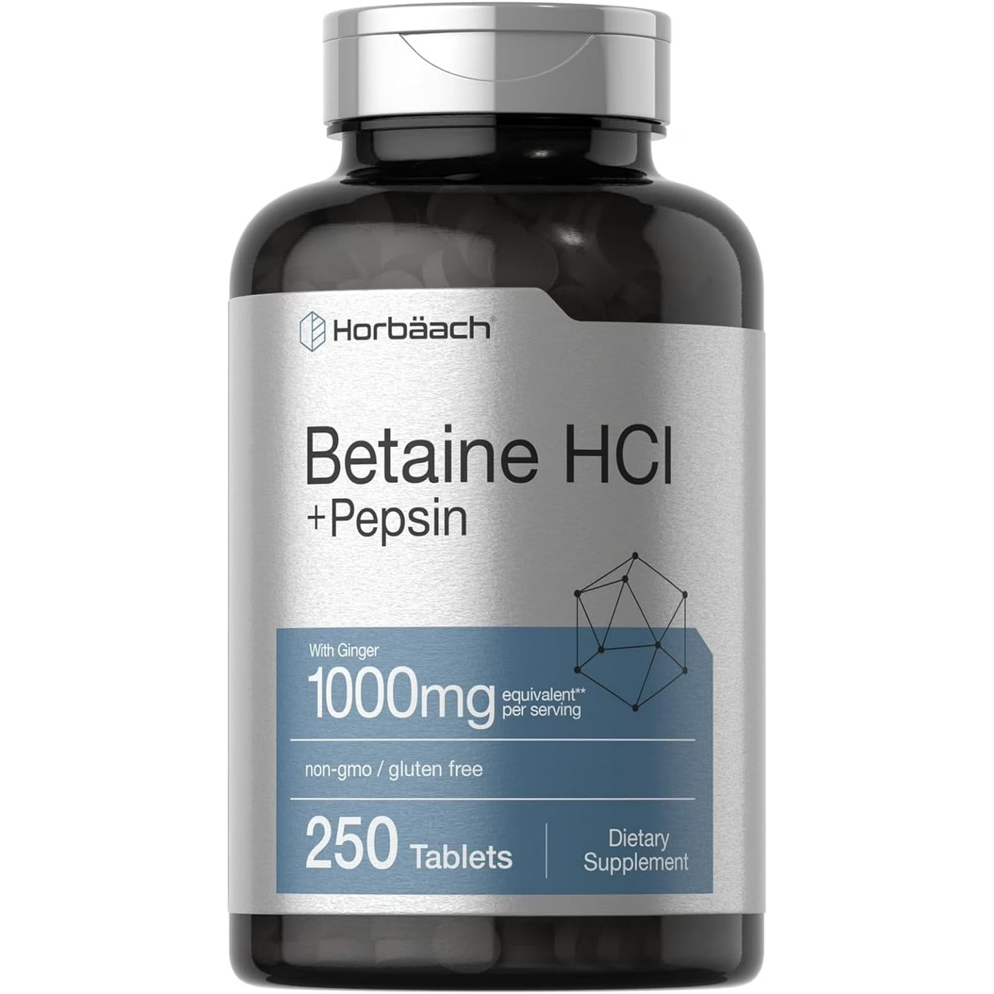 Horbäach Betaína HCl con pepsina | 1000 mg | 250 tabletas | Suplemento de clorhidrato | con raíz de jengibre | Sin OMG, sin gluten