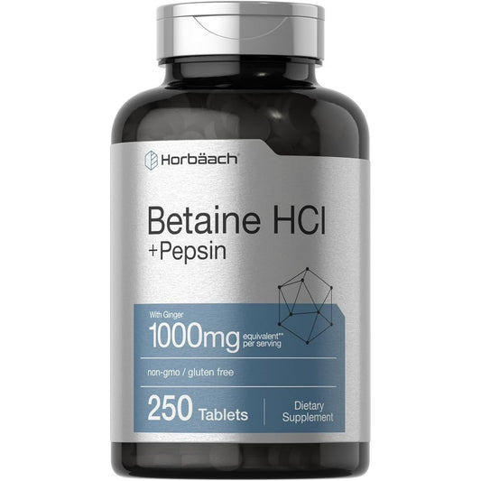 Horbäach Betaína HCl con pepsina | 1000 mg | 250 tabletas | Suplemento de clorhidrato | con raíz de jengibre | Sin OMG, sin gluten