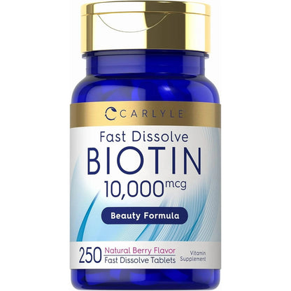 Biotina 10000mcg 250  Tabletas de disolución rápid extra fuerte  , sin  gluten  por Carlyle