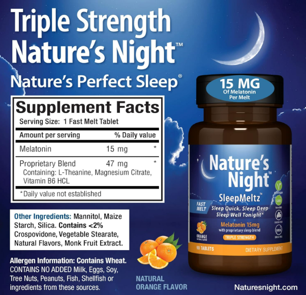 Nature's Night Melatonina de triple fuerza de disolución rápida de 15 mg, 90 tabletas