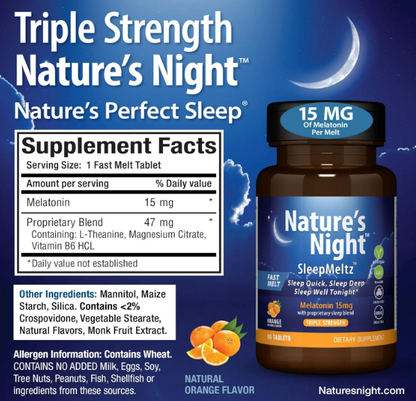 Nature's Night Melatonina de triple fuerza de disolución rápida de 15 mg, 90 tabletas