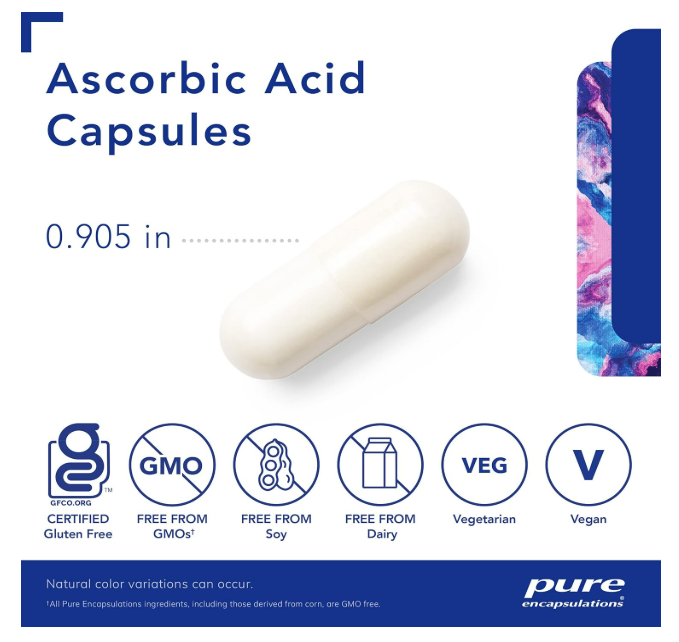 Pure Encapsulations  ácido ascórbico Suplemento de vitamina C para defensa antioxidante 90 CAP