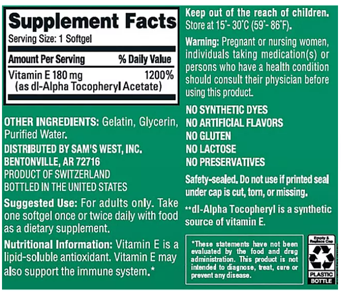 Vitamina E Member's Mark 180mg 500  capsulas de Gel
