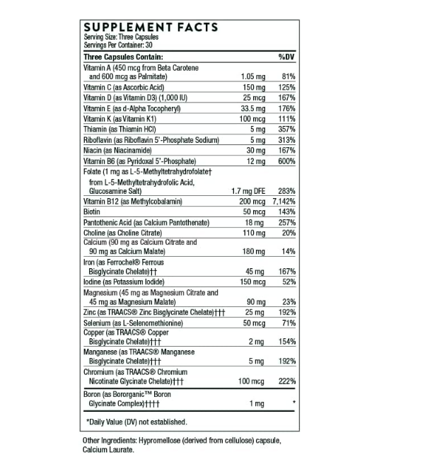 Thorne  – Basic Prenatal – Multivitamínico Prenatal  para mujeres embarazadas o lactantes – 90 Cápsulas