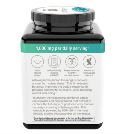Youtheory Ashwagandha 1000mg - 180 Cápsulas Vegetarianas