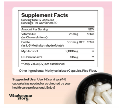 Myo-Inositol & D-Chiro Inositol con MTHF, Folate, Vitamin D, Apoyo a la funcion Ovarica- balance Hormonal- Ovario Poliquistico y Fertilidad Femenina