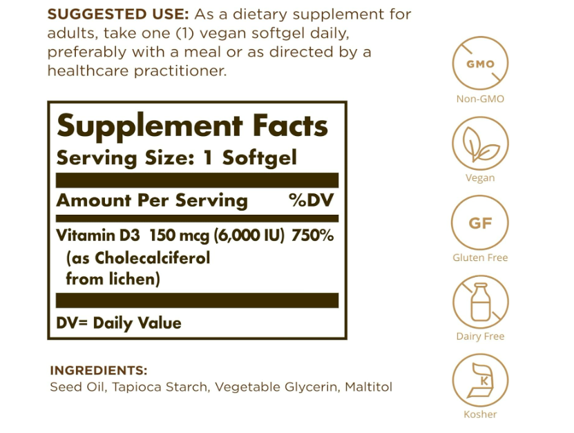 Solgar Vitamina D3 vegana 150 mcg (6000 UI) - 50 cápsulas blandas