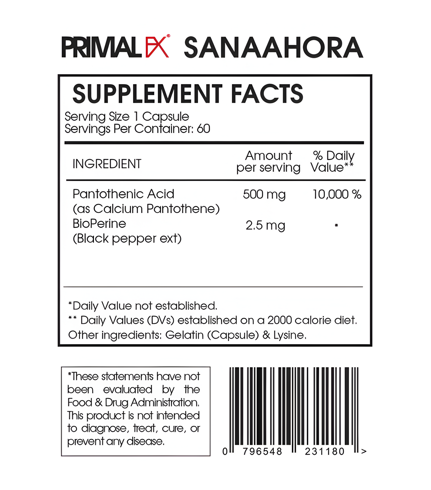 VITAMIN B5 + Bioperine , 60 capsulas - PrimalFx