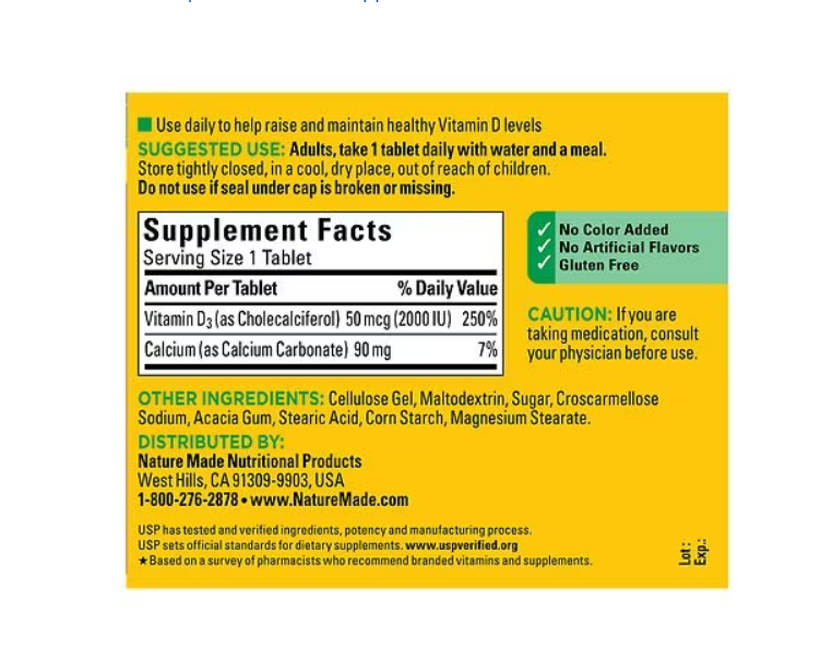 Vitamina D3 2000 IU (50 mcg) 220 tabletas - Nature Made