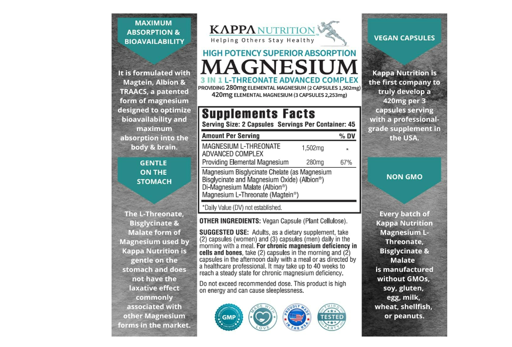 Magnesio 3 en  1 - L-Threonate advanced complex,  120capsulas- Kappa Nutrition