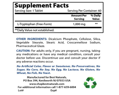 L-Tryptophan 1000mg , 60 tabletas - Best Naturals