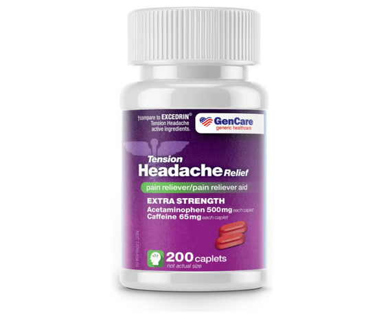 GenCare - Alivio del dolor de cabeza por tensión con acetaminofeno 500 mg y cafeína de 65 mg, 200caplets