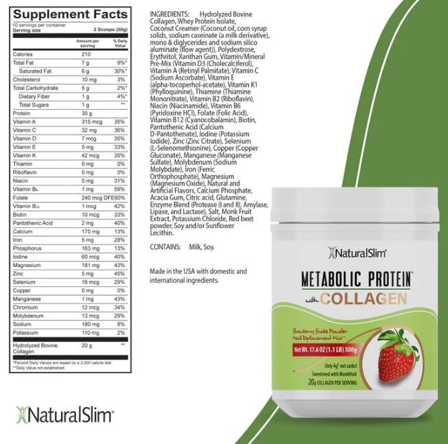 NATURAL SLIM METABOLIC PROTEIN® COLAGENO SABOR FRESA , 500gr.