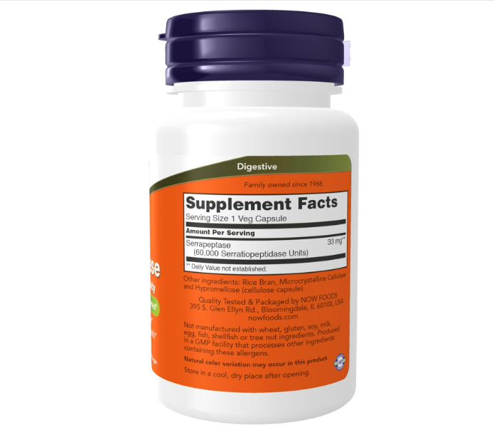 Now - Serrapeptase 60,000mg unidades de actividad , 60 capsulas vegetarianas